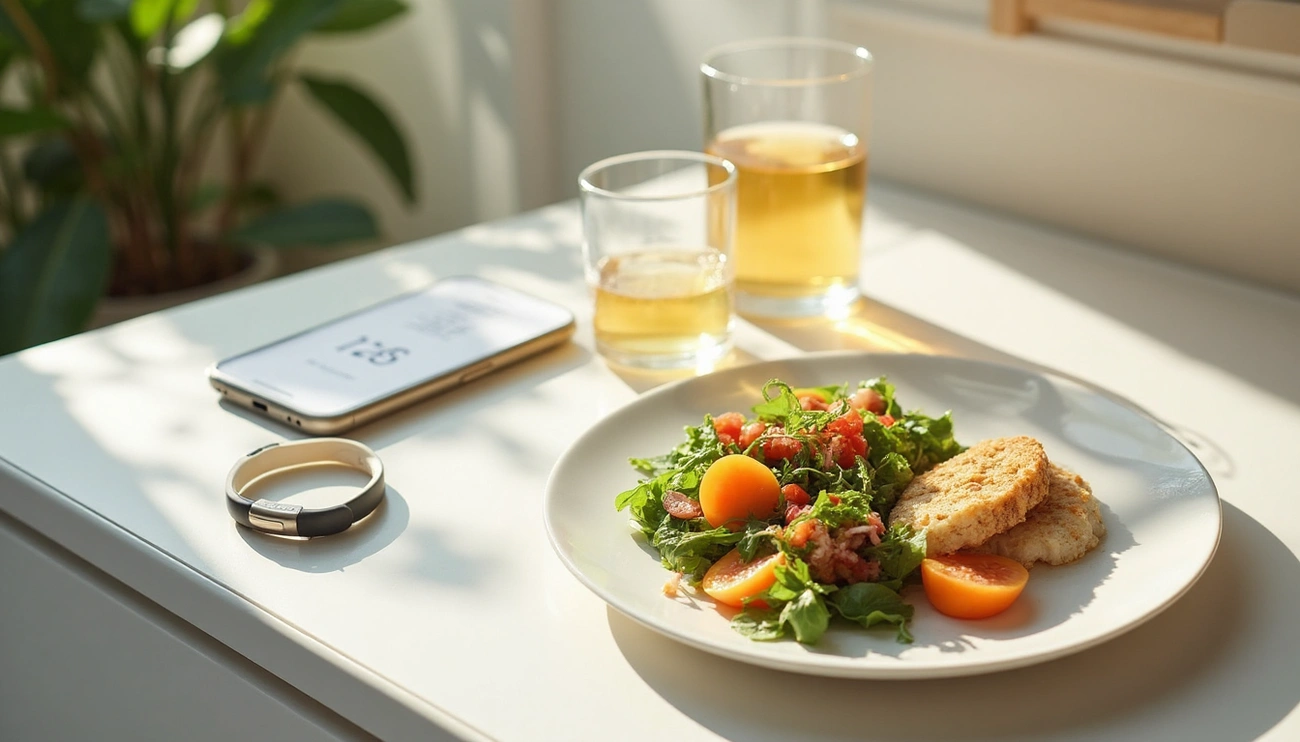 Plate with salad and patties beside a fitness tracker, smartphone, and two glasses of light beverage on a sunlit table.