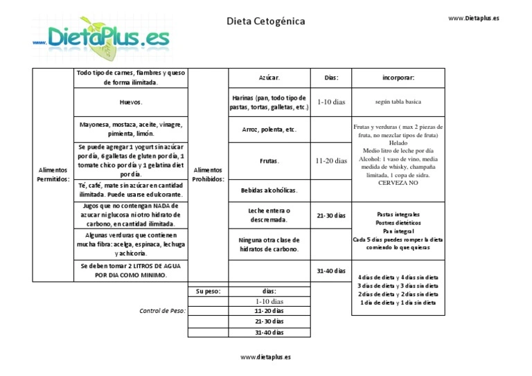 Keto diet plan chart detailing permitted foods, prohibited items, daily phases, and weight control guidelines in Spanish.